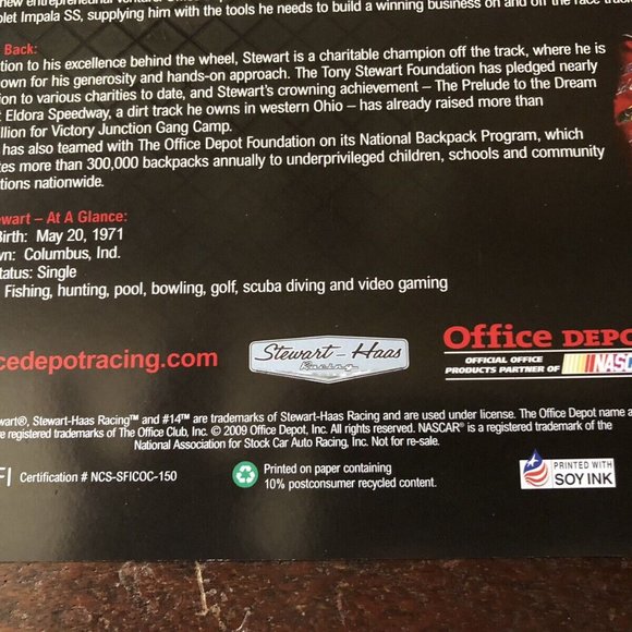 TONY STEWART 2010 OFFICE DEPOT CHEVY IMPALA #14 NASCAR AUTOGRAPHED Dad Gift - Picture 4 of 5